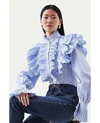 Karen Millen Women's Pleated Striped Ruffle Woven Shirt