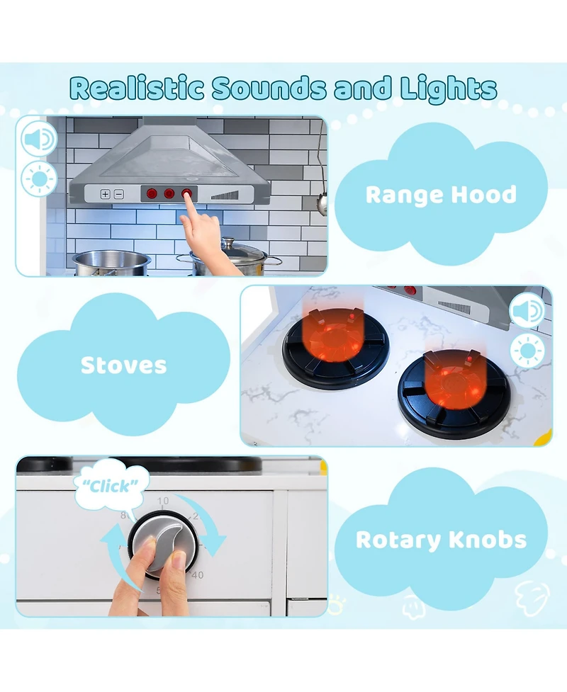 Gymax Wooden Kitchen Playset with Lights Sounds Interactive Features Storage Accessories