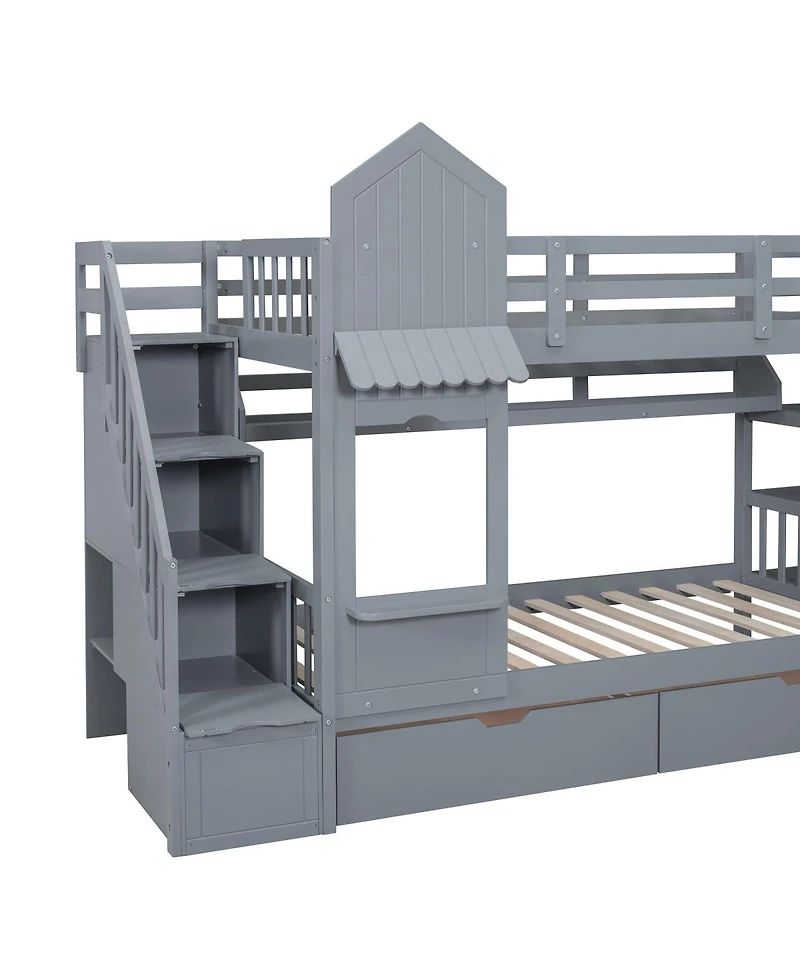 Streamdale Furniture Castle Bunk Bed With Slide, 2 Drawers, 3 Shelves