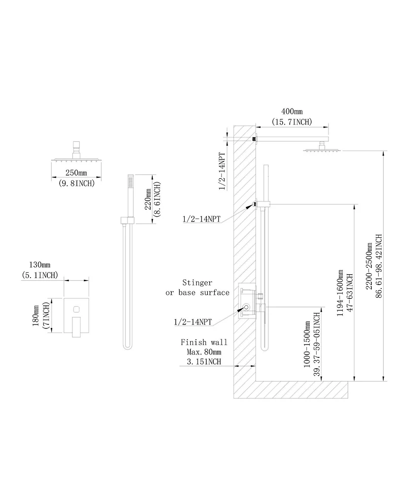 Midola 10 inch Shower Head Bathroom Luxury Rain Mixer Shower Complete Combo Set Wall Mounted