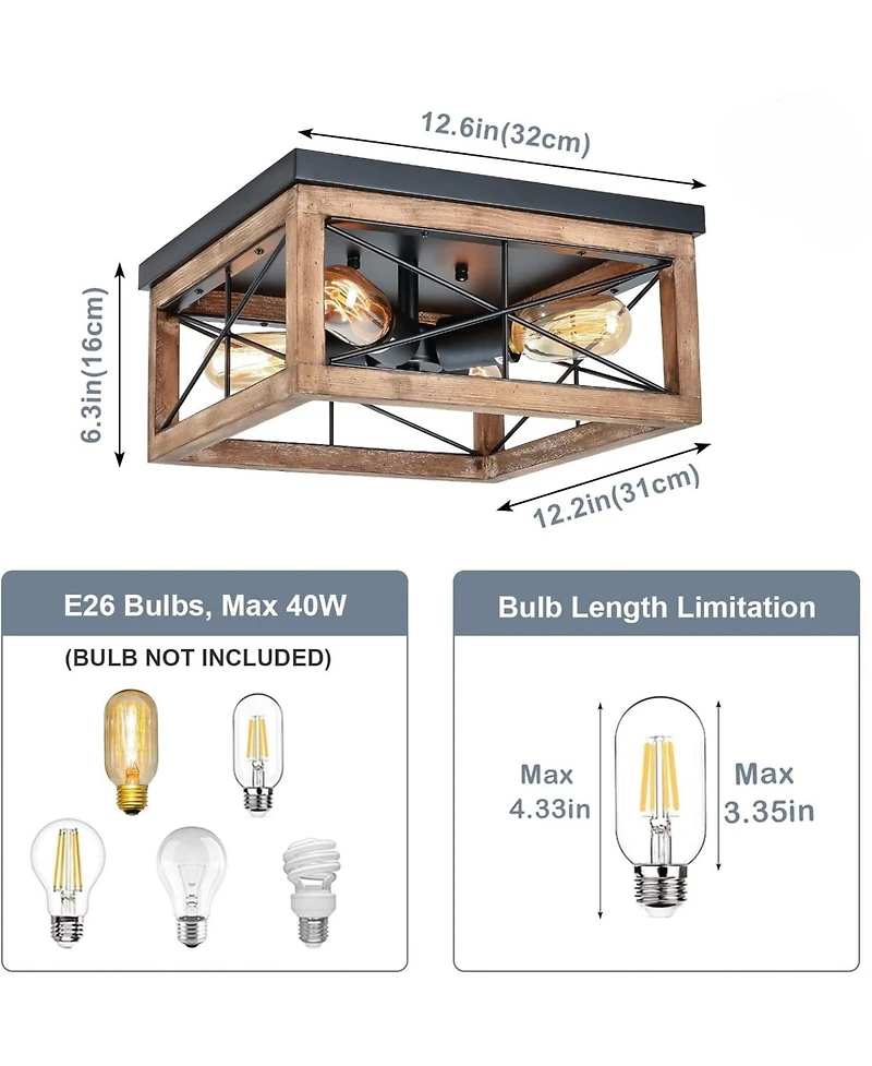 Midola Wooden Flush Mount Ceiling Lights, 4-Light Farmhouse Close to Ceiling Lighting Fixtures Ceiling Lamp for Kitchen Island Living Room Bedroom