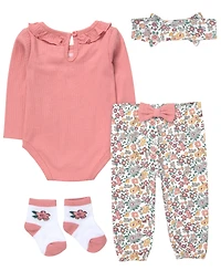 Baby Essentials Girls' Long-Sleeve Bodysuit, Jogger Pant, Socks and Headband, 4-Piece Set