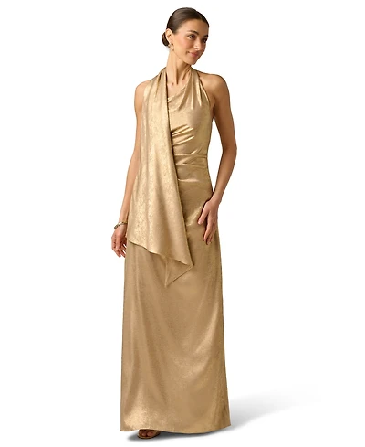 Adrianna Women's Foiled Draped Neck Scarf Pleated Ball Gown