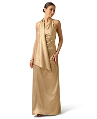 Adrianna Women's Foiled Draped Neck Scarf Pleated Ball Gown
