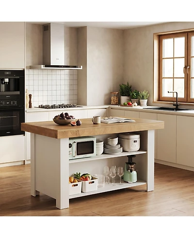 Tribesigns 3-Tier Farmhouse Kitchen Island with Large Worktop and Leg Room,55'' Stationary Island Table with Storage