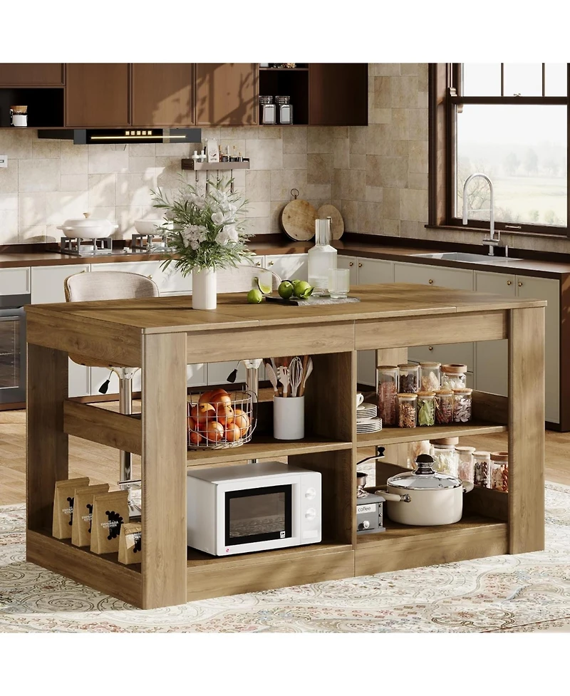 Tribesigns 63" Kitchen Island with Storage, 3-Tier Farmhouse Wooden Stationary Island Table with Large Worktop and Leg Room, Coffee Bar Table