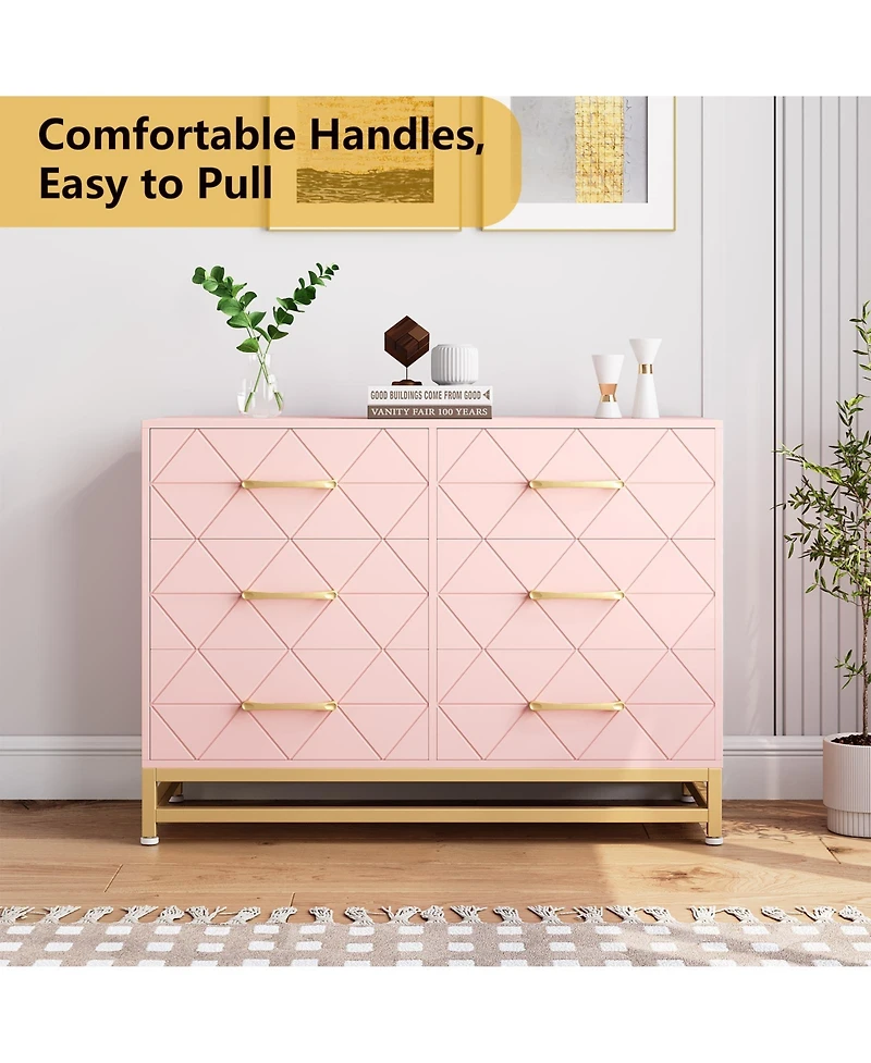 homfan 6-Drawer Dresser with Fabric Bins, Rattan Accent Storage Tower Tv Stand for 40" Tv, Bedroom, Closet, Hallway Organizer