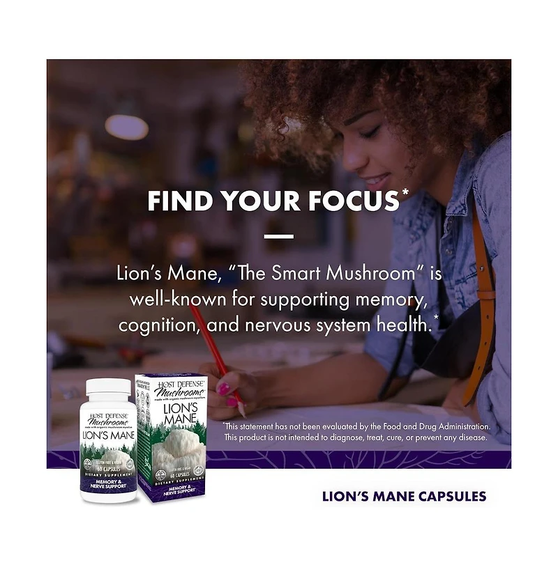 Host Defense Mushrooms Lion's Mane - Brain Health Support Supplement - Mushroom Supplement to Support Focus & Memory Function