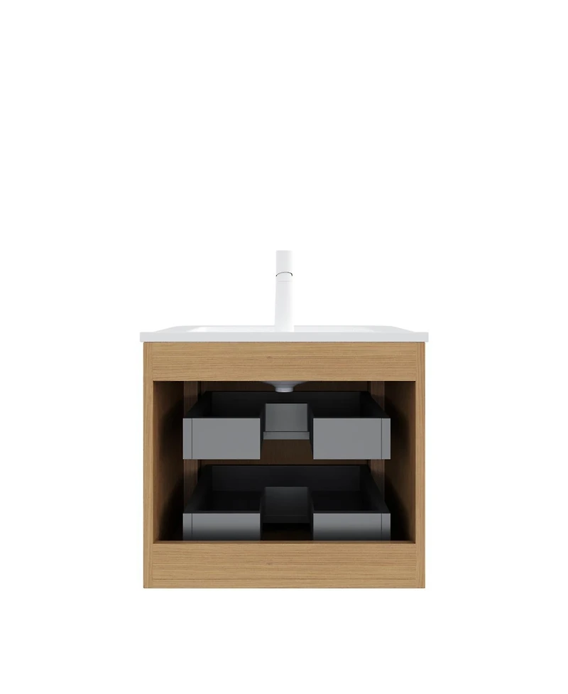 Sillysis Floating Wall Mounted Bathroom Vanity with Ceramic Sink, Soft Close Drawers and Retro Natural Plywood Cabinet for Small Bathrooms-Sillysis