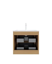 Sillysis Floating Wall Mounted Bathroom Vanity with Ceramic Sink, Soft Close Drawers and Retro Natural Plywood Cabinet for Small Bathrooms-Sillysis