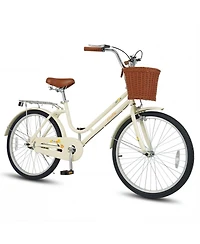 Gymax 24-Inch Beach Cruiser Bike w/Adjustable Seat Woven Basket and Rear Rack