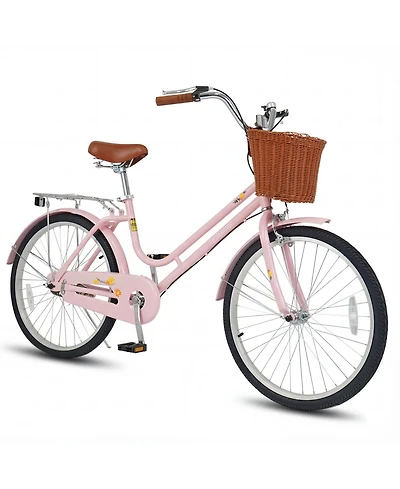 Gymax 24-Inch Beach Cruiser Bike w/Adjustable Seat Woven Basket and Rear Rack