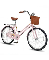 Gymax 24-Inch Beach Cruiser Bike w/Adjustable Seat Woven Basket and Rear Rack