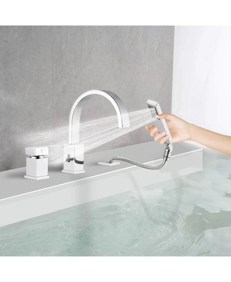 Phying Waterfall Bathtub Faucet with Sprayer, 3-Hole Roman Tub Filler with Hand Shower Deck Mount Waterfall Tub Spout Set