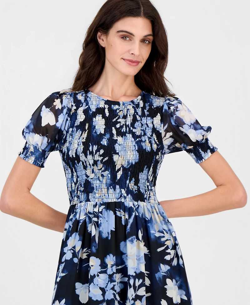 Anne Klein Women's Printed Puff-Sleeve Smocked Maxi Dress