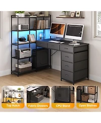 gaomon L-Shaped Gaming Desk with 6 Drawers - Corner Pc Table Open Shelves, Power Outlets and Led Lights