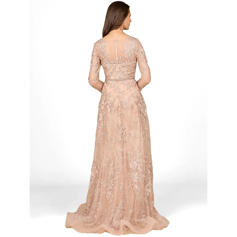 Lara Women's Long Sleeve V-Neck Lace Gown with Beaded Belt