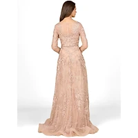 Lara Women's Long Sleeve V-Neck Lace Gown with Beaded Belt