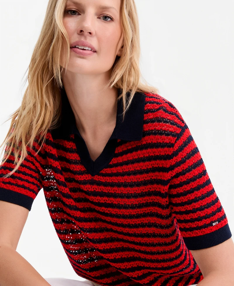 Tommy Hilfiger Women's Pointelle Collar V-Neck Sweater