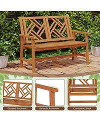 Yiortwo Outdoor Wood Patio Bench, 2-Person Loveseat Chair with Geometric Backrest