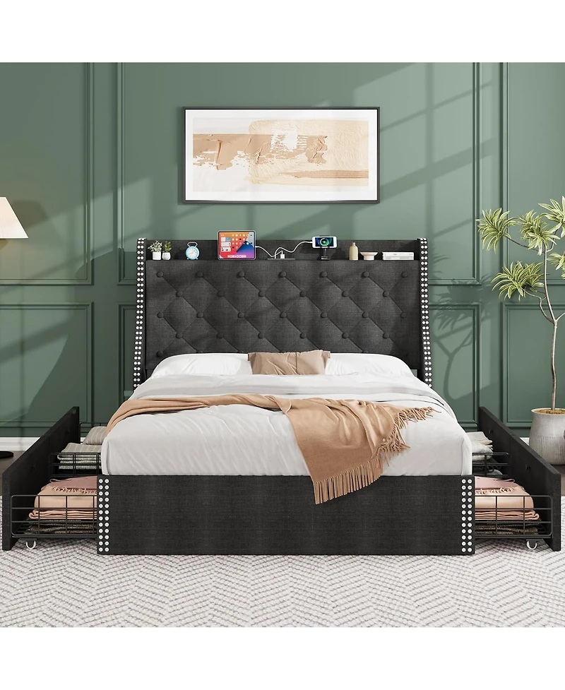 homfan Bed Frame with 4 Storage Drawers, Wingback Headboard, Charging Station, Wood Slat Support, No Box Spring Needed