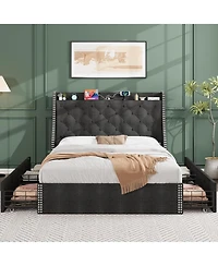homfan Bed Frame with 4 Storage Drawers, Wingback Headboard, Charging Station, Wood Slat Support, No Box Spring Needed