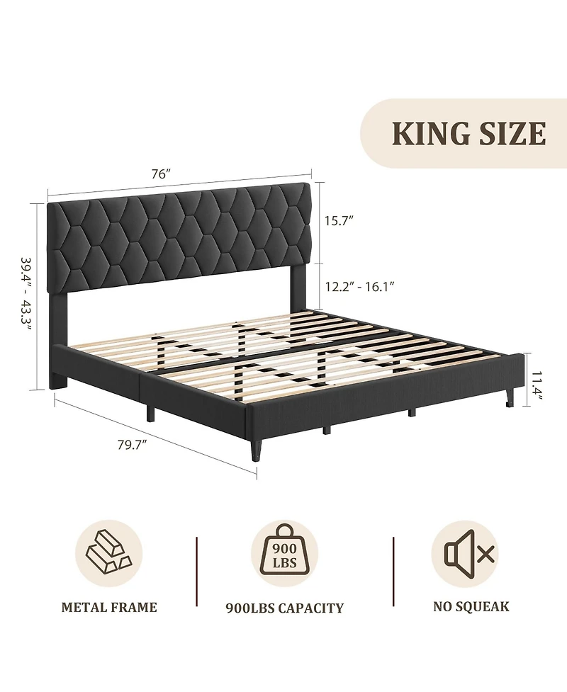 homfan Modern Upholstered Platform Bed Frame, Adjustable Padded Fabric Headboard, Heavy Duty Wooden Slats, No Box Spring Needed, Noise-Free