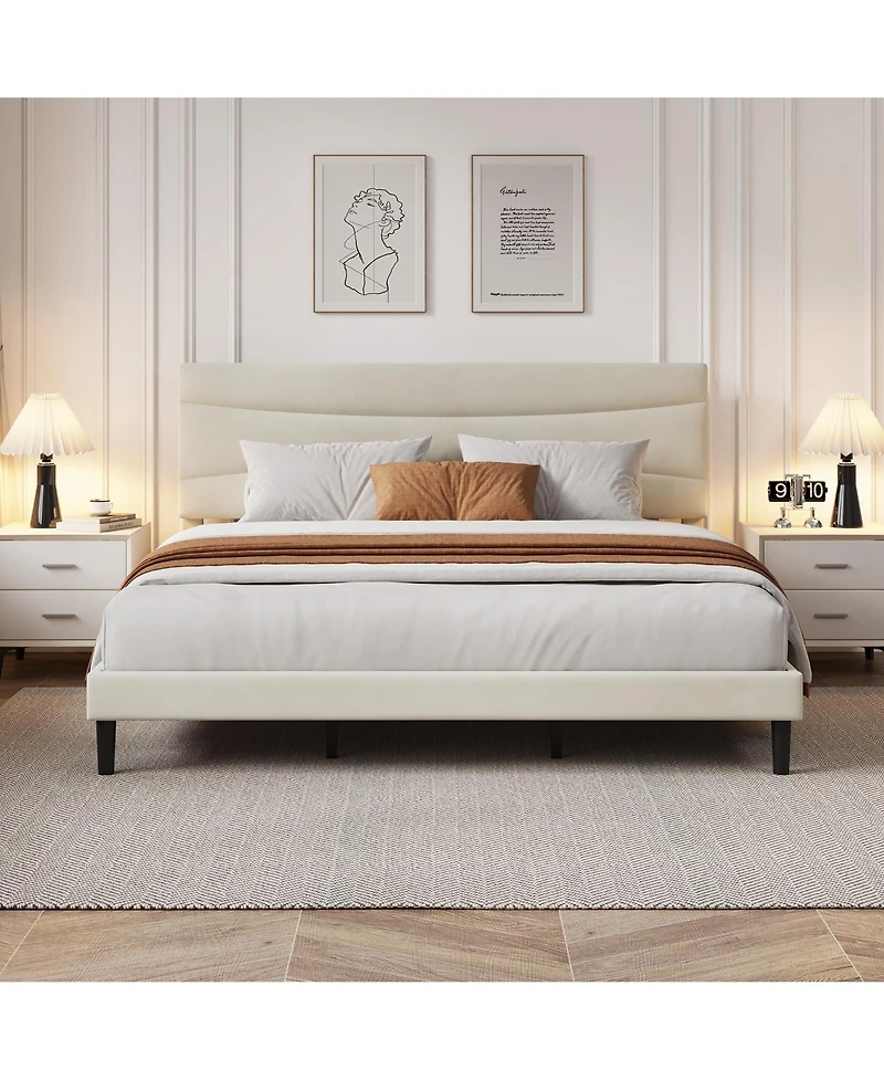 homfan Upholstered Platform Bed Frame with Curved Headboard, Wood Slat Support, Underbed Storage