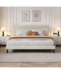 homfan Upholstered Platform Bed Frame with Curved Headboard, Wood Slat Support, Underbed Storage