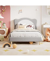 homfan Kids Upholstered Platform Bed Frame with Velvet Headboard, Wood Slat Support, Low Profile Design, No Box Spring Required