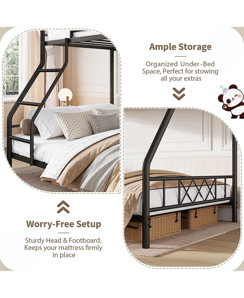 homfan Heavy Duty Metal Bunk Bed Twin Over Full Size, Guardrail and Ladder, Low Profile Space-Saving Design, No Box Spring Required