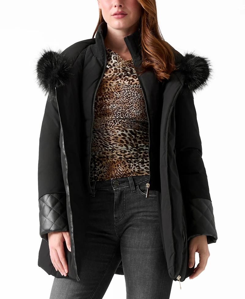 Guess Women's Pleather Sleeve Detailed Faux-Fur Hooded Puffer Coat