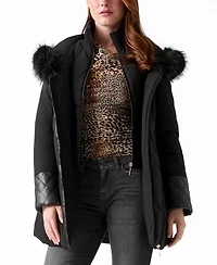 Guess Women's Pleather Sleeve Detailed Faux-Fur Hooded Puffer Coat