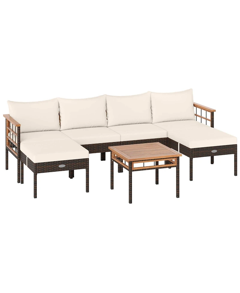 Costway 7 Pcs Wicker Furniture Set with Ottomans Side Table Acacia Wood Tabletop Armrests