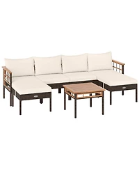 Costway 7 Pcs Wicker Furniture Set with Ottomans Side Table Acacia Wood Tabletop Armrests