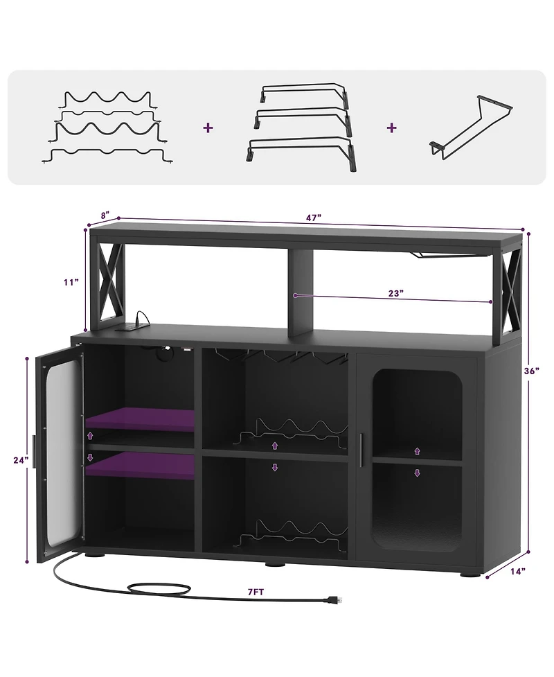 Aheaplus Wine Bar cabinet with Glass Holders and Doors, Buffet Power Outlet