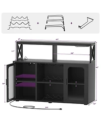 Aheaplus Wine Bar cabinet with Glass Holders and Doors, Buffet Power Outlet