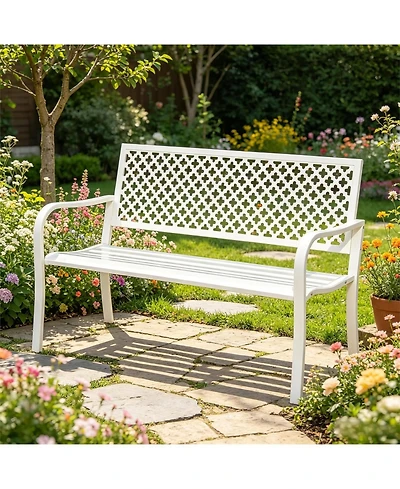 gaomon Outdoor Metal Garden Bench for 2 Person, Heavy Duty Steel Patio Bench, Weather Resistant Black Porch Seating with Geometric Backrest