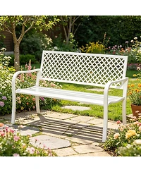 gaomon Outdoor Metal Garden Bench for 2 Person, Heavy Duty Steel Patio Bench, Weather Resistant Black Porch Seating with Geometric Backrest