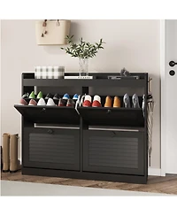 homfan Entryway Shoe Storage Cabinet with 4 Front Panels, Louvered Style Design and Top Shelf, Space-Saving Shoe Organizer for Hallway, Foyer, Bedroom