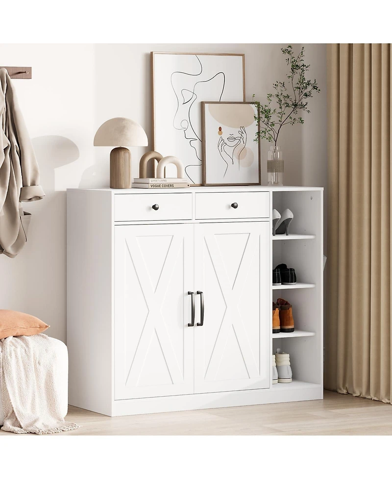 homfan Shoe Cabinet for Entryway with Doors, Hooks and 3 Open Racks - 4 Adjustable Shelves Storage Organizer for Hallway and Living Room