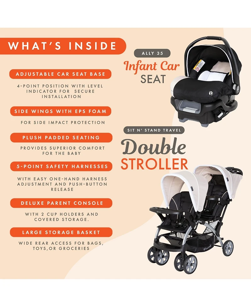 Baby Trend Sit N Stand Travel Double Baby Stroller and Car Seat Combo, Khaki