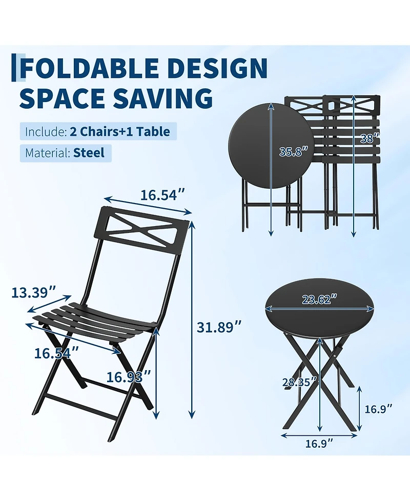 GarveeLife 3-Piece Steel Folding Bistro Set, Outdoor Patio Table and 2 Chairs Set, Round Table with Weather-Resistant Design for Balcony, Garden, Yard
