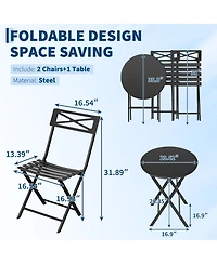 GarveeLife 3-Piece Steel Folding Bistro Set, Outdoor Patio Table and 2 Chairs Set, Round Table with Weather-Resistant Design for Balcony, Garden, Yard