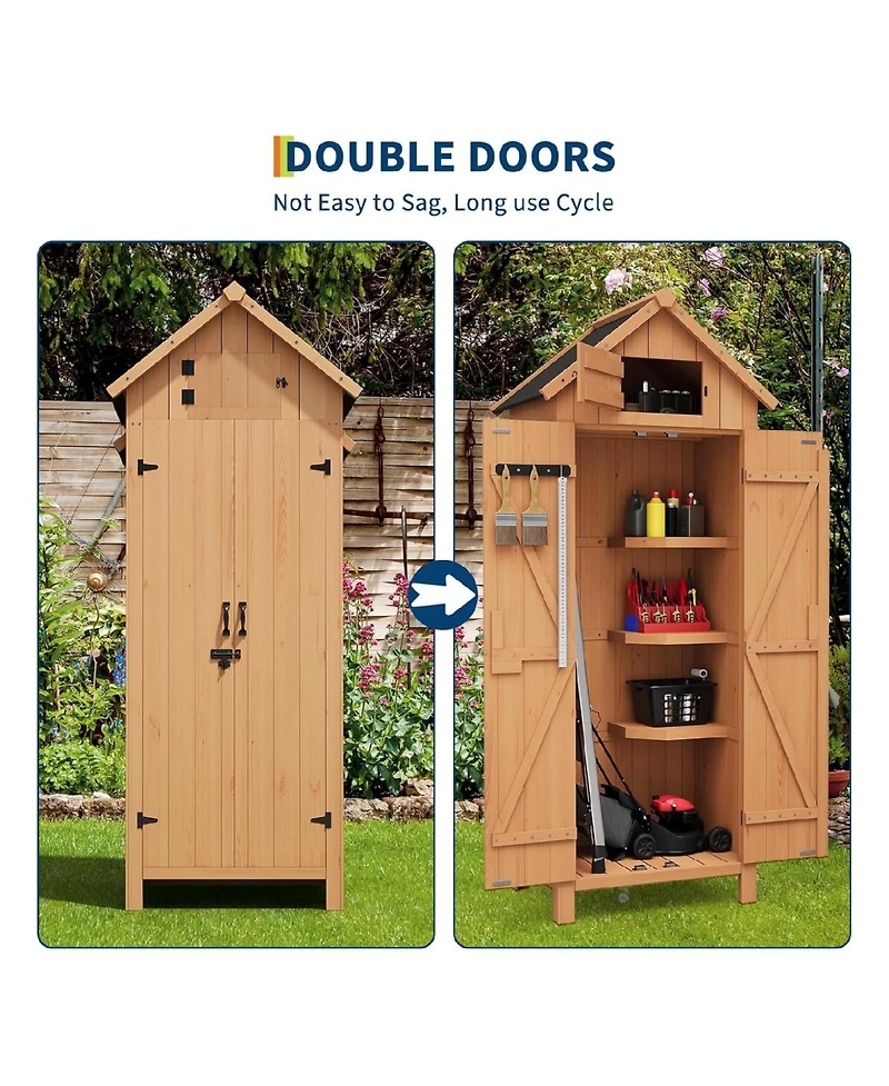 Small Natural Wood Garden Tool Storage Shed With Shelves Lockable Doors Roof Storage Compact Cabinet For Patios Backyards And Balconies