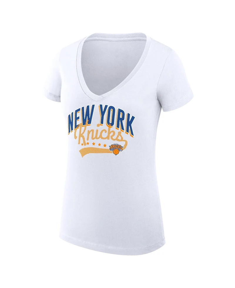 G-iii 4Her by Carl Banks Women's White New York Knicks Super-Slim Fit Lightweight Filigree Logo V-Neck T-Shirt