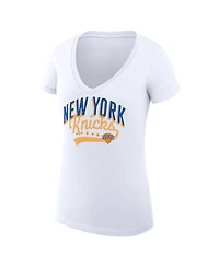 G-iii 4Her by Carl Banks Women's White New York Knicks Super-Slim Fit Lightweight Filigree Logo V-Neck T-Shirt