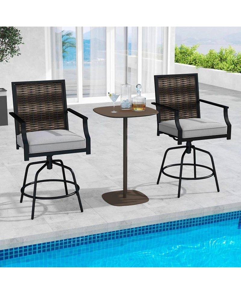 Gouun Set of 2 Outdoor Pe Wicker Swivel Bar Stools, 24 in Seat Height with Padded Cushions