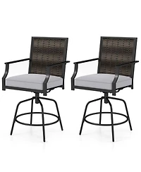 Gouun Set of 2 Outdoor Pe Wicker Swivel Bar Stools, 24 in Seat Height with Padded Cushions