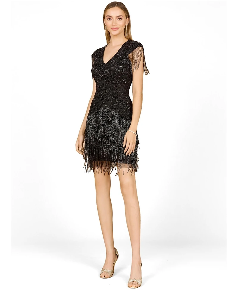 Lara Women's Beaded Fringe Short Dress with Cap Sleeves